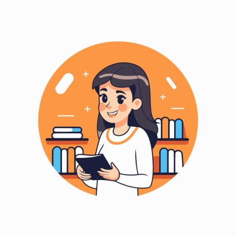 Girl using tablet computer. Vector illustration in flat cartoon