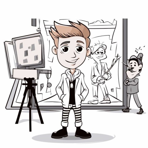 Cartoon Illustration of a Boy Showing His Artwork to the Camera