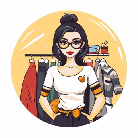 Beautiful young woman shopping in clothing store. Vector illustr