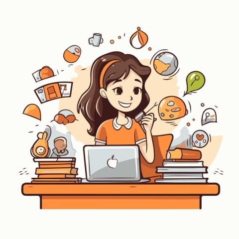 Girl studying at home. Vector illustration in cartoon style. Edu