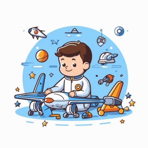 Cute little boy flying in space. Vector illustration in cartoon