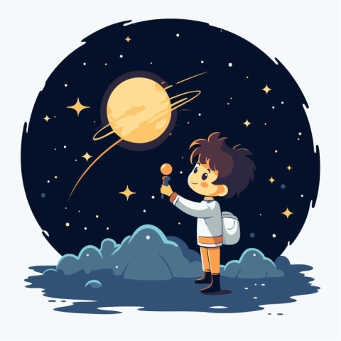 Cute little boy holding a microphone in the night sky. vector il