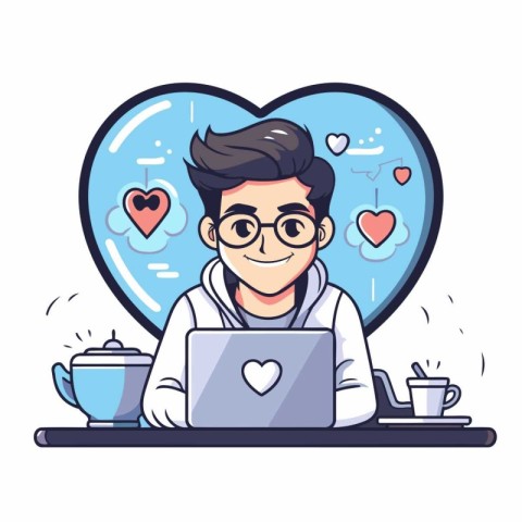 Doctor with laptop and cup of tea. Vector illustration in cartoo