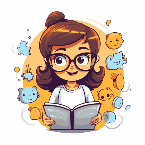 Cute girl reading a book. Vector illustration in cartoon style.