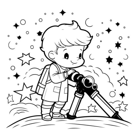 Boy with telescope on the starry sky background. Vector illustra