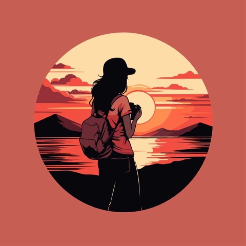 Girl with a backpack on the background of the sunset. Vector ill