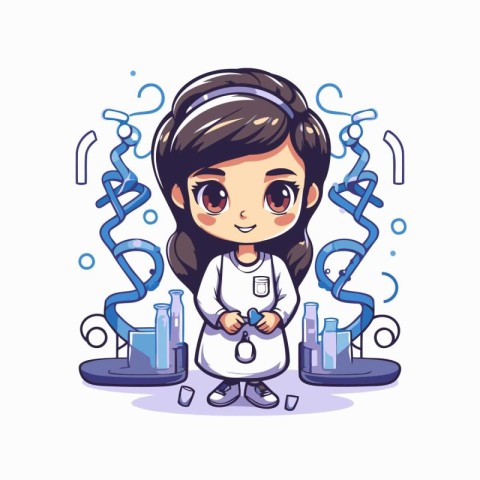 Cute little girl scientist in lab coat holding test tube. Vector