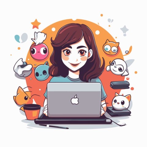 Girl working on laptop. Cute cartoon character. Vector illustrat