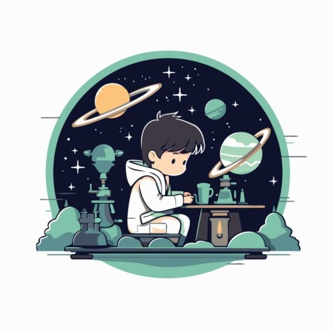 Cute boy playing space game. Vector illustration in cartoon styl