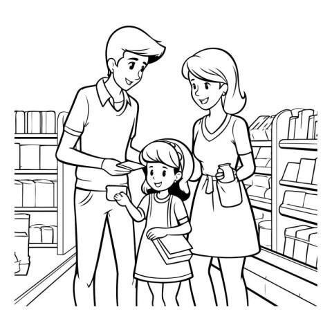 Black and White Cartoon Illustration of Family Shopping in a Gro