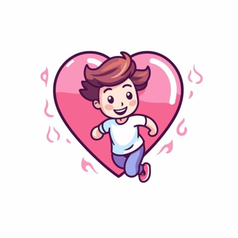 Cute boy running in the shape of a heart. vector illustration