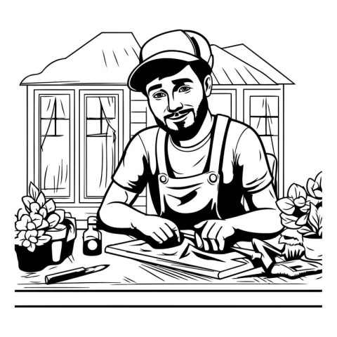 Carpenter at work. Black and white vector illustration for color