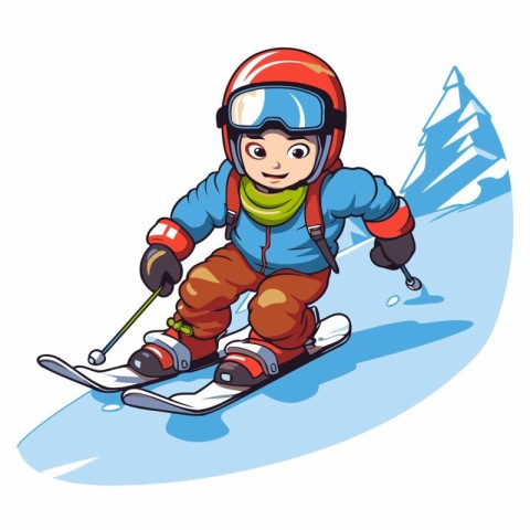 Cartoon skier boy in helmet skiing downhill. Vector illustration