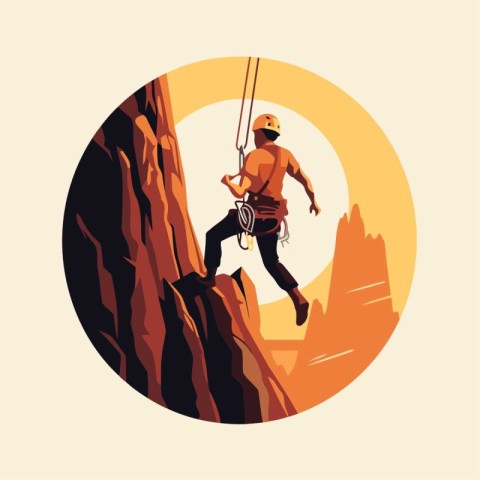 Rock climber climbing on the cliff. Vector illustration in flat