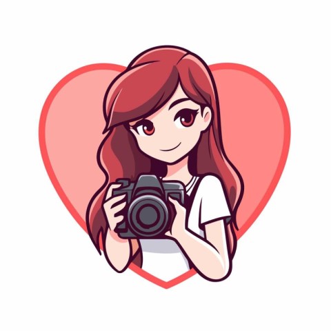 Cute girl with camera and heart. Vector illustration in cartoon