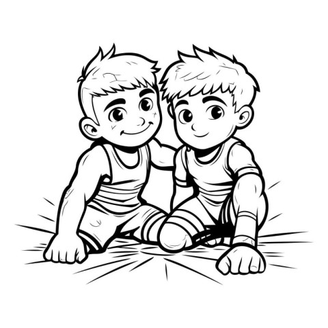 Vector illustration of two little boys playing together. Colorin