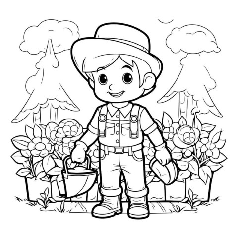 Coloring Page Outline Of a Boy Gardener With Watering Can