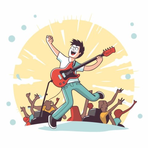 Vector illustration of a happy young man playing the guitar and