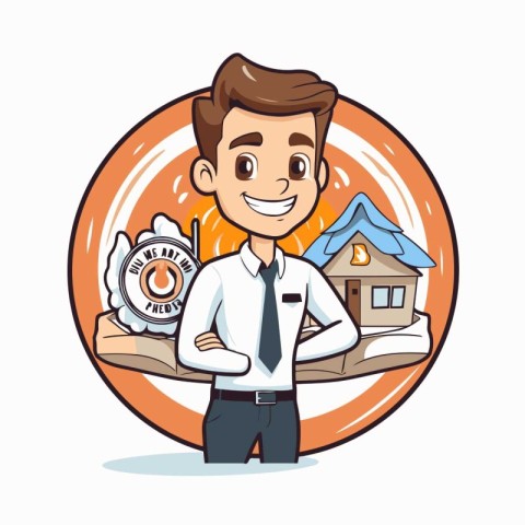 Real estate agent cartoon character. Vector illustration in a fl