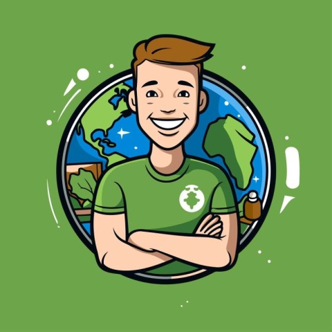 Vector illustration of a young man in a green t-shirt.