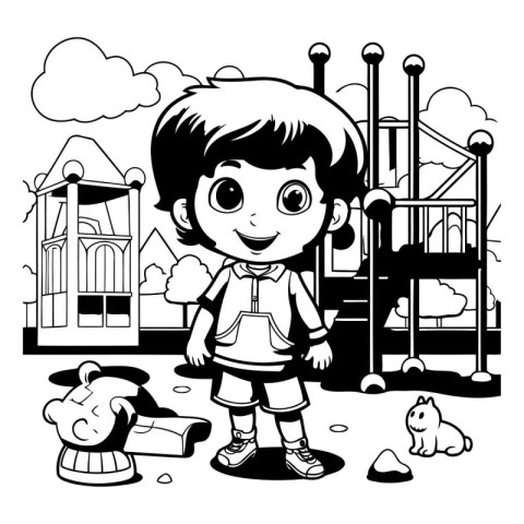 Cute little boy playing on the playground. black and white vecto