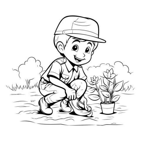 Vector illustration of a boy planting a flower in the garden. Co