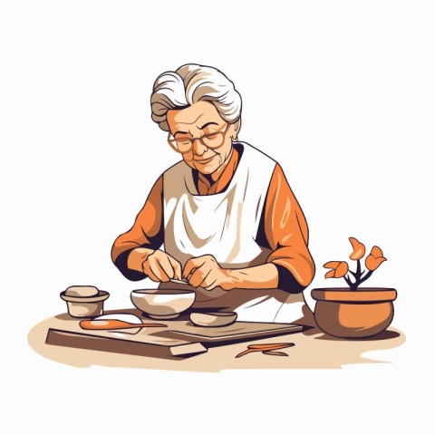 Elderly woman making pottery. Vector illustration in cartoon sty