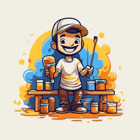 Cute boy painting with paintbrushes. Vector cartoon illustration