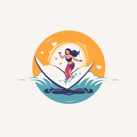 Surfer girl on surfboard in the sea. Vector illustration.