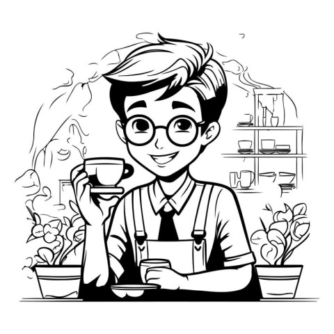 Young man drinking coffee in cafe. Black and white vector illust