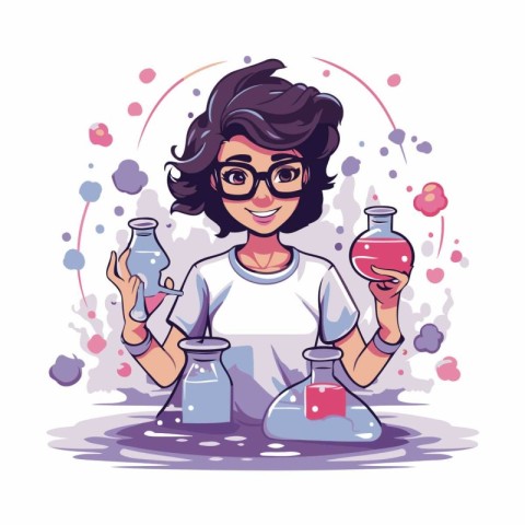 Scientist woman with test tubes. Vector illustration in cartoon