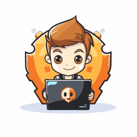 Cute boy holding laptop and playing video game. Vector illustrat