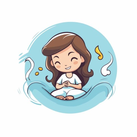 Cute little girl meditating in the sea. Vector illustration.