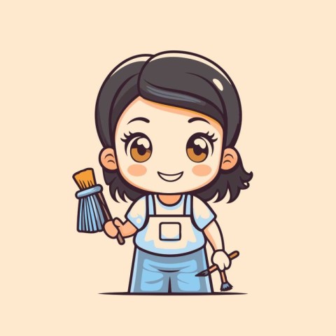 Cute girl with paint brush. Vector illustration in cartoon style