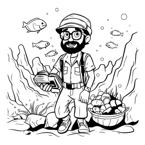 Fisherman with a bucket of fish. Black and white vector illustra