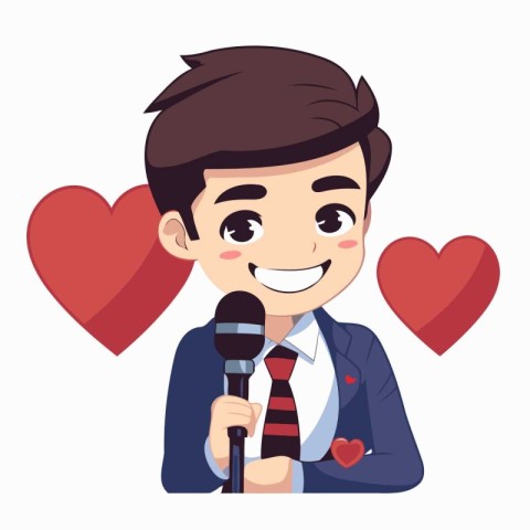 Cute boy with microphone and hearts. Vector illustration in cart