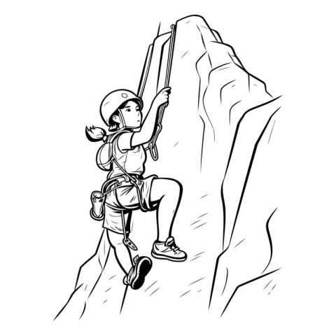 Climber on a cliff. Black and white vector illustration.