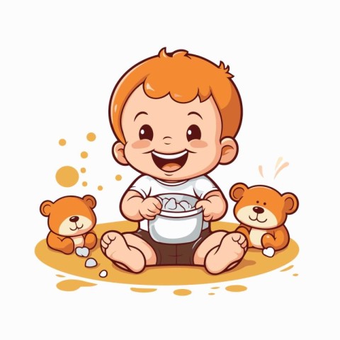 Cute little boy playing with his teddy bears. vector illustratio