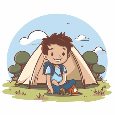 Illustration of a Boy Sitting in a Tent at the Campground