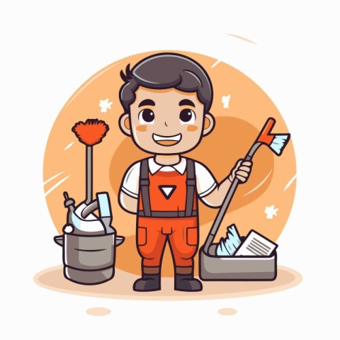 Cute cartoon man cleaning the house. Vector illustration for you