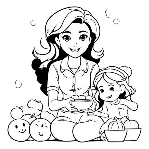 Mother and daughter eating healthy food. Black and white vector