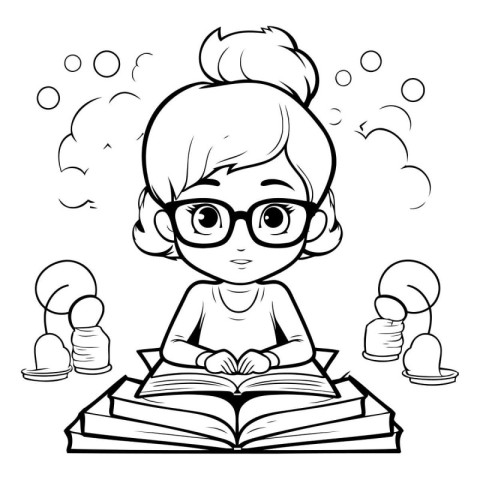 Cute cartoon girl reading a book. Black and white vector illustr