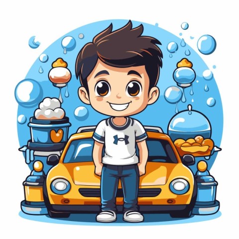 Cute little boy with car in the rain. Vector illustration.