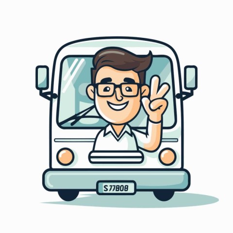 Man driving bus and showing peace hand sign. Vector illustration