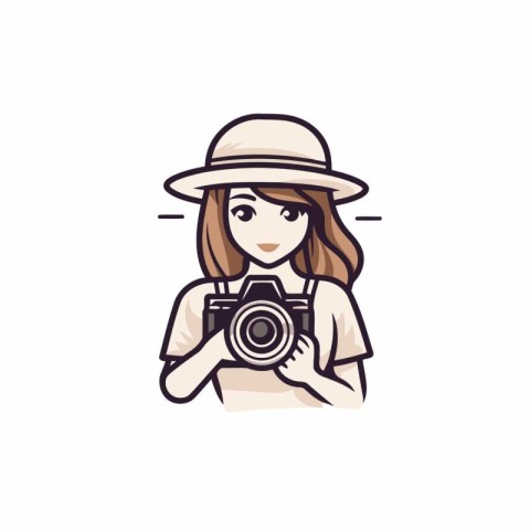 Cute girl in a hat with a camera. Vector illustration.