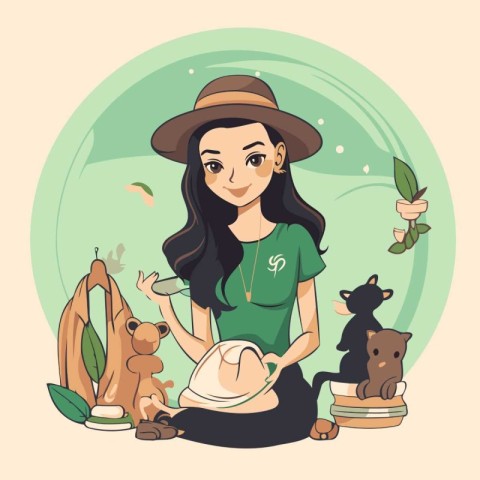 Vector illustration of a girl in a hat and green dress sitting o