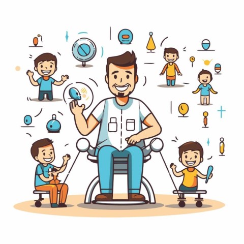 Cartoon man in wheelchair with children and icons. Vector illust