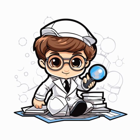 Nurse with magnifying glass and books cartoon vector illustratio