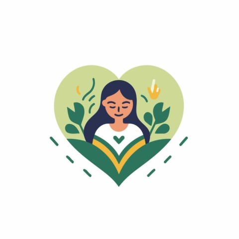 Woman reading book in heart shape. Vector illustration in flat s