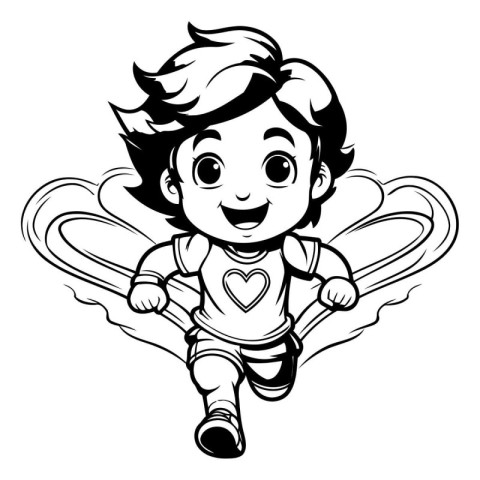 Cute boy superhero flying in the air. black and white vector ill